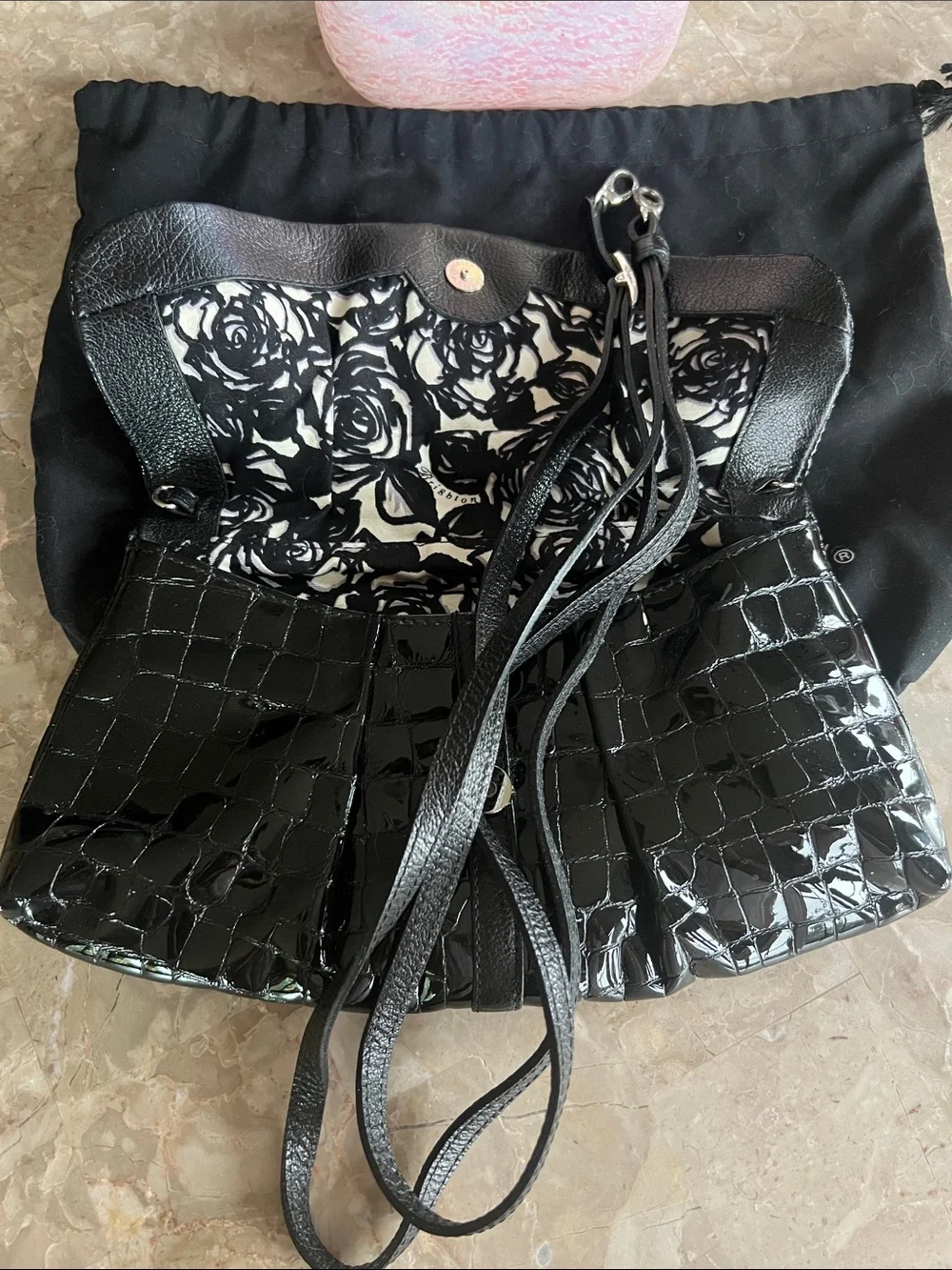 Brighton Black Croc-Embossed Patent Clutch/Crossbody with Silver Accents - Picture 8 of 8